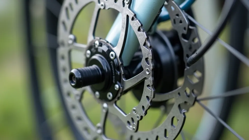 Detail view of disc brake system on bicycle showing rotor and caliper mechanism in clear daylight