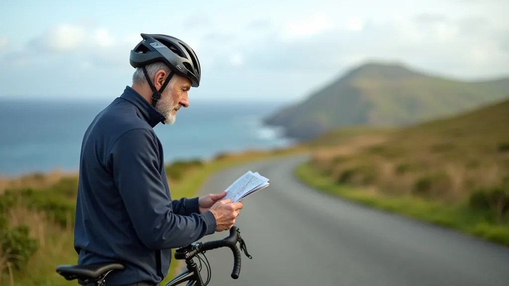 Cyclist checking map during rest stop at scenic viewpoint