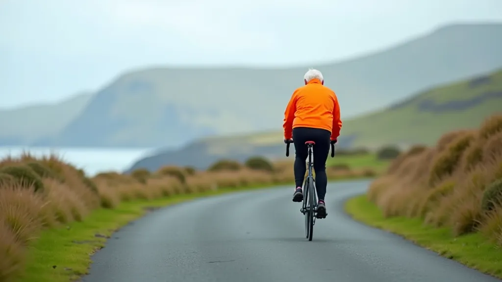 Cyclist wearing bright orange cycling jacket on coastal road with weather-appropriate gear