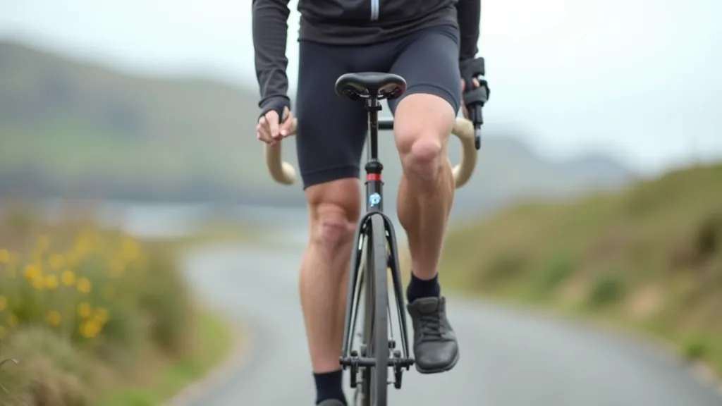 Close-up of cyclist's legs and pedals on bike seat with coastal landscape blurred in background