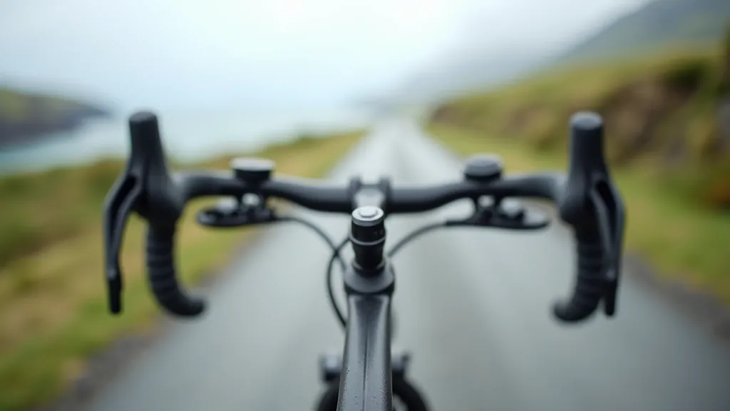 Close-up detail of bicycle handlebar and gear shifter with coastal landscape blurred in background