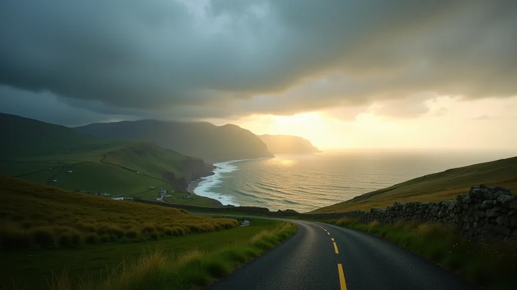 Coastal landscape with dramatic clouds and rolling hills overlooking Atlantic Ocean, golden hour lighting