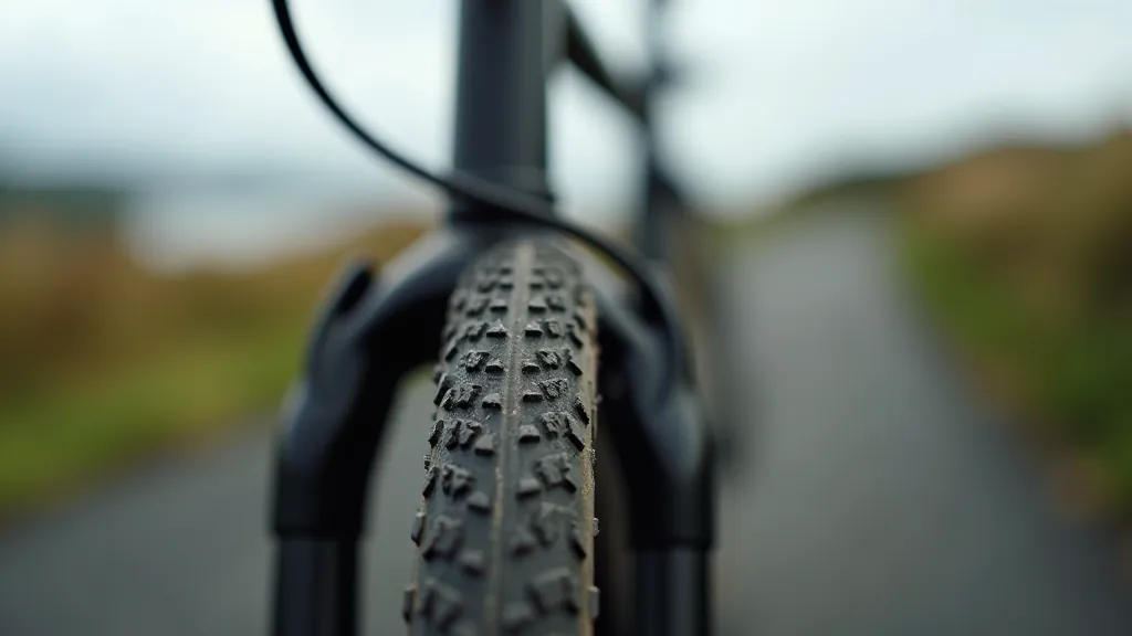 Close-up of hybrid bike tires showing tread pattern and width suitable for mixed terrain coastal cycling routes