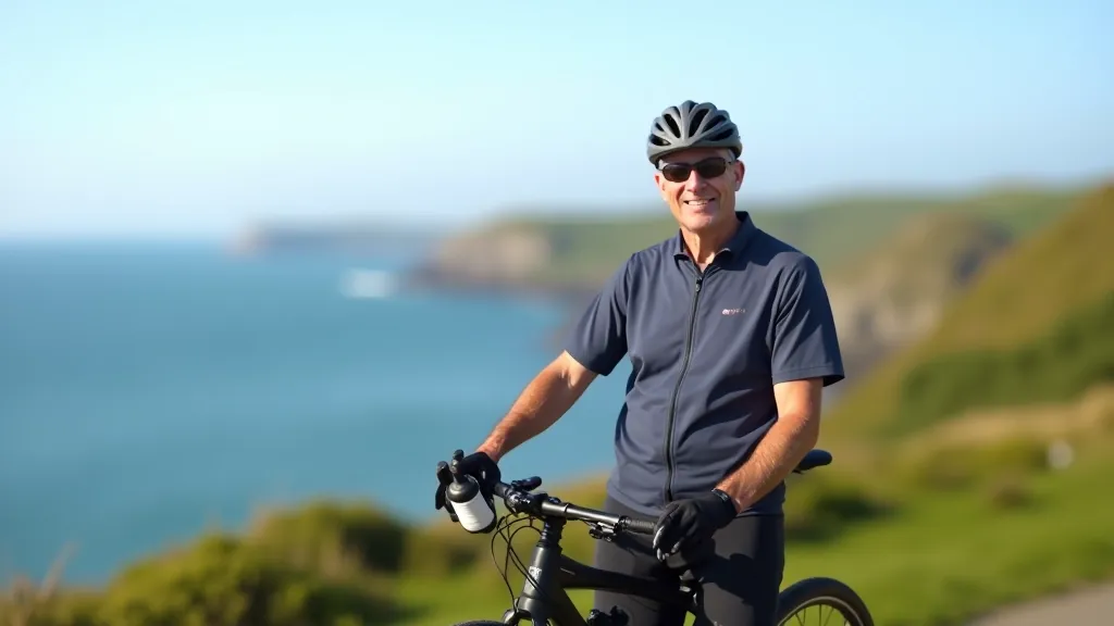Cyclist standing next to bike with route map and water bottle on scenic coastal overlook