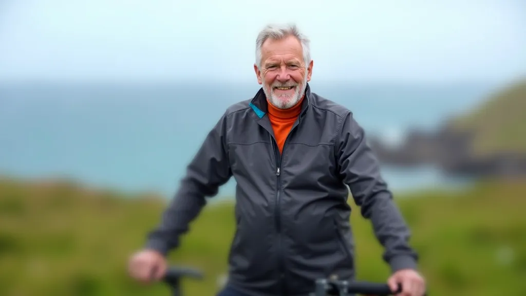 Cyclist wearing layered cycling clothing including waterproof jacket, standing with bike in front of coastal view