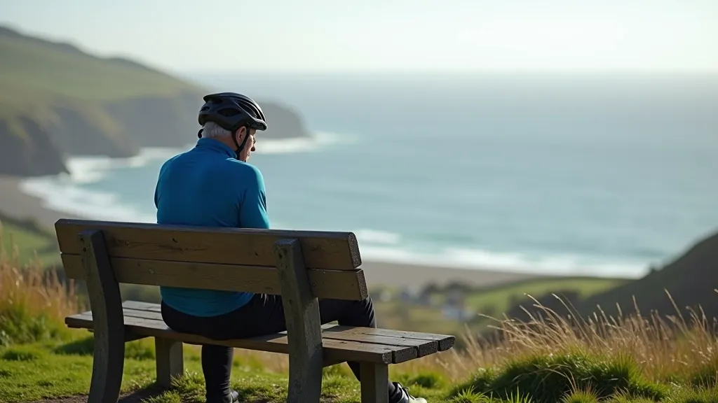 Mature cyclist in casual cycling clothing riding on peaceful coastal road