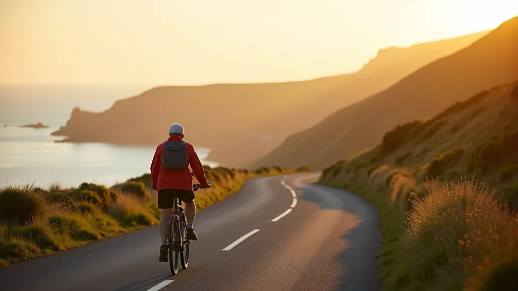 Cyclist on coastal road with Atlantic Ocean view