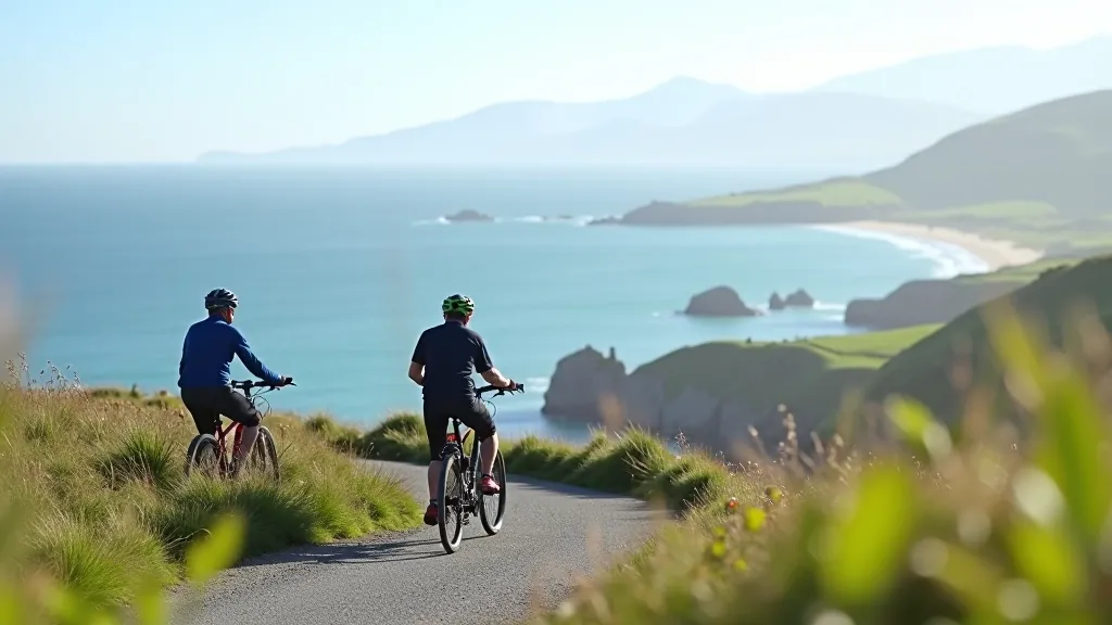 Two cyclists on scenic viewpoint overlooking coastal landscape