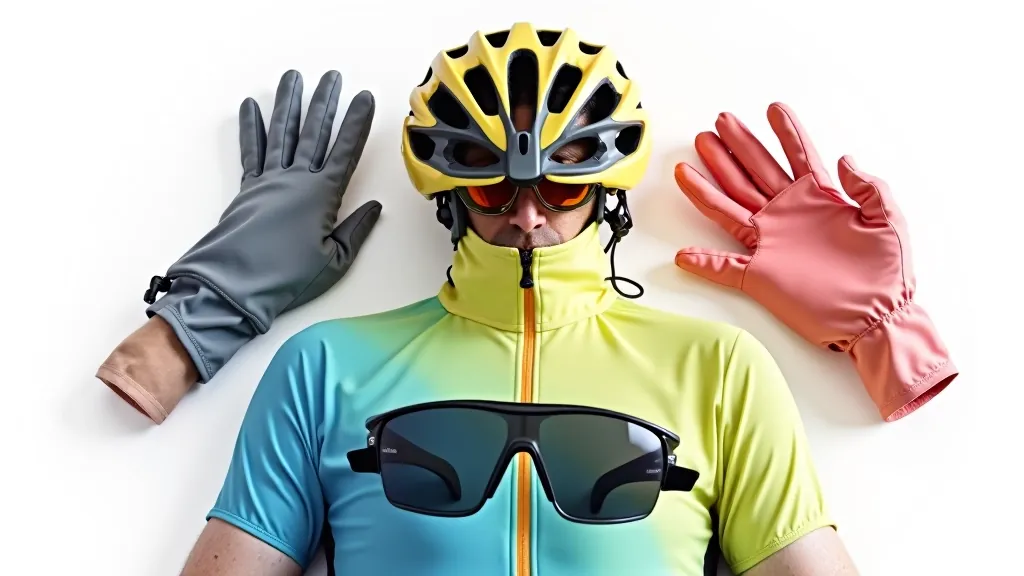 Close-up of cycling gloves, helmet, and sunglasses arranged on cycling jersey
