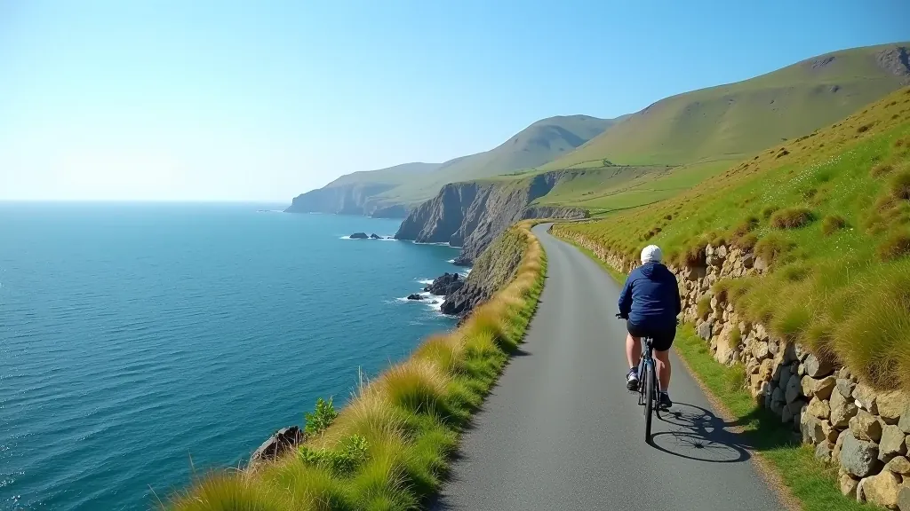 Scenic view of curved coastal road with ocean on one side and green hillside on other, clear weather conditions