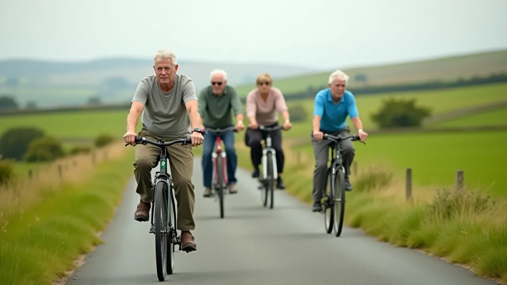 Group of older cyclists on a quiet country lane