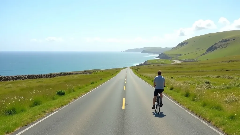 Scenic panoramic view of Achill Island coastal road with green hillsides rolling down to distant ocean waters
